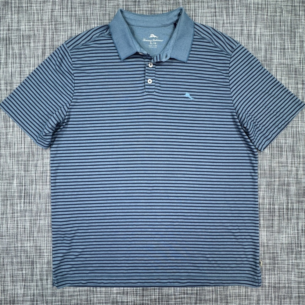 Tommy Bahama Mens XL Polo Shirt Blue Striped Supima Cotton Blend Short Sleeve
